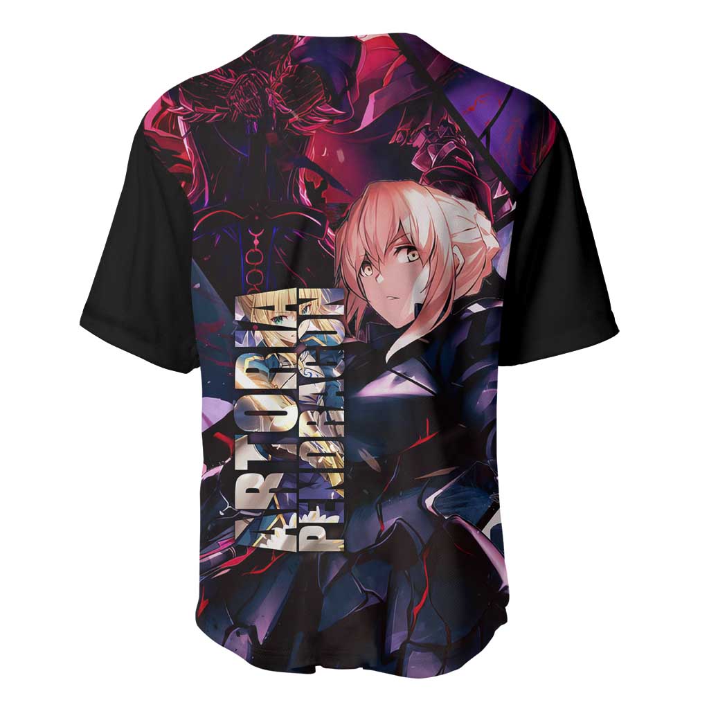 Saber Artoria Pendragon Dark Armor Theme Baseball Jersey with Red and Purple Abstract Background Design - The Mazicc