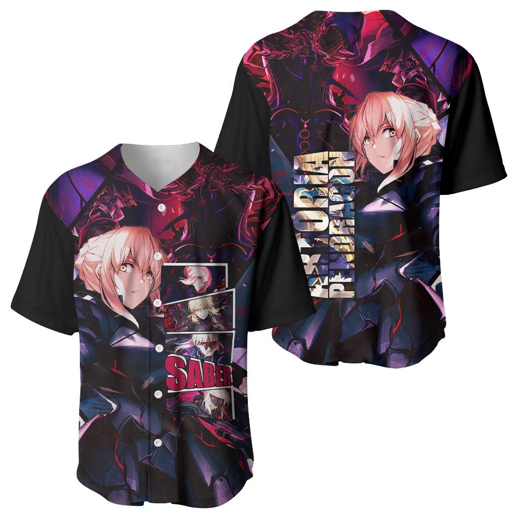 Saber Artoria Pendragon Dark Armor Theme Baseball Jersey with Red and Purple Abstract Background Design - The Mazicc
