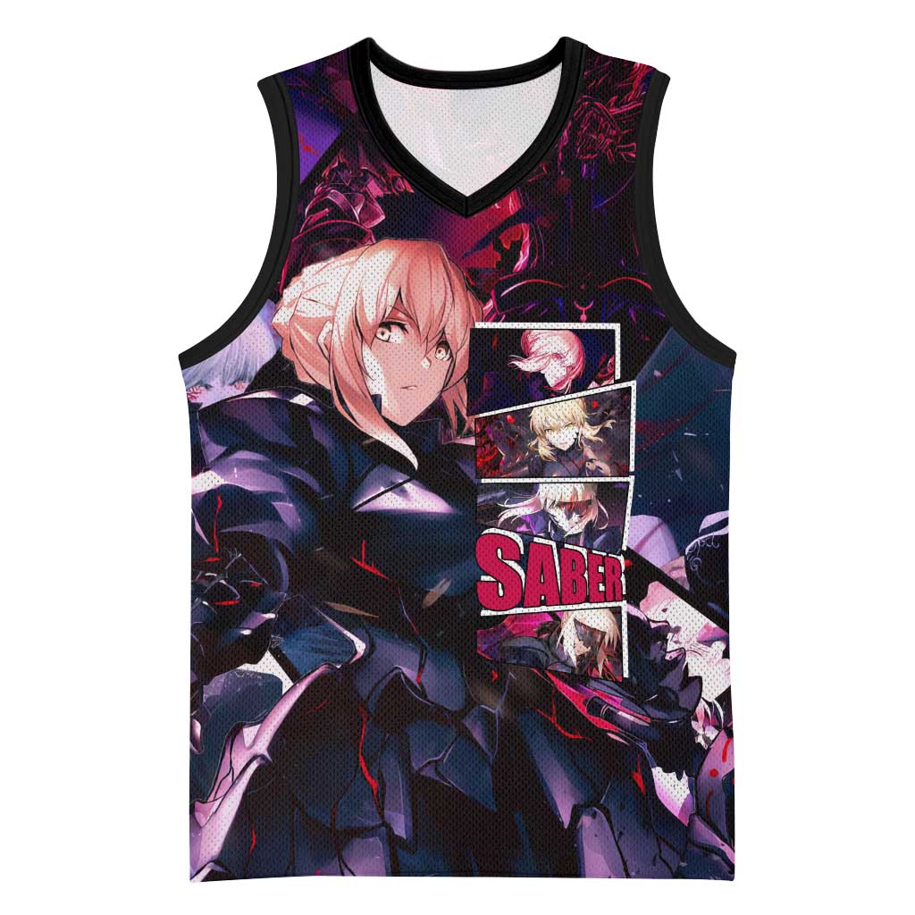 Saber Artoria Pendragon Dark Armor Theme Basketball Jersey with Red and Purple Abstract Background Design - The Mazicc