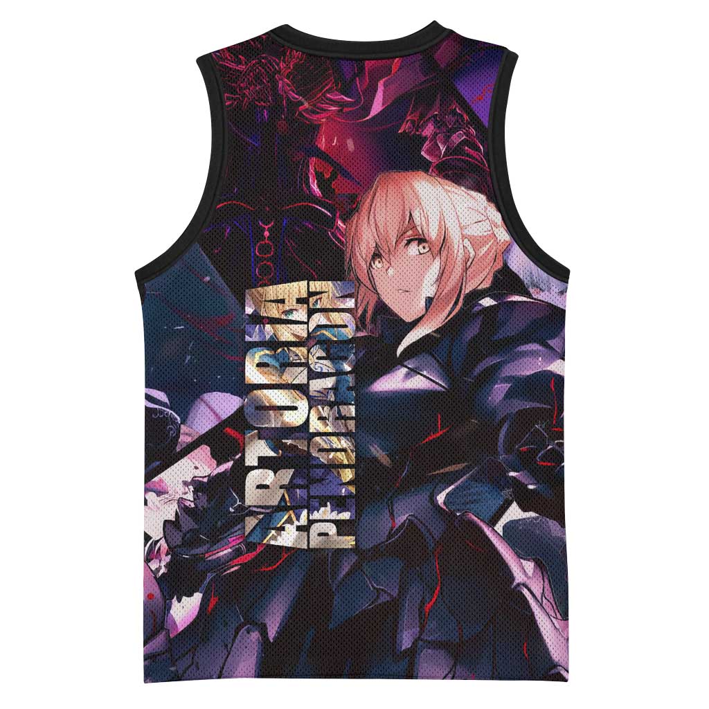 Saber Artoria Pendragon Dark Armor Theme Basketball Jersey with Red and Purple Abstract Background Design - The Mazicc