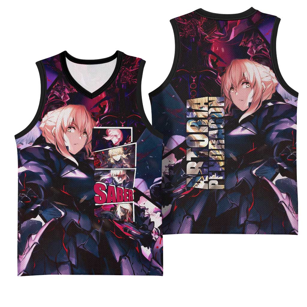 Saber Artoria Pendragon Dark Armor Theme Basketball Jersey with Red and Purple Abstract Background Design - The Mazicc