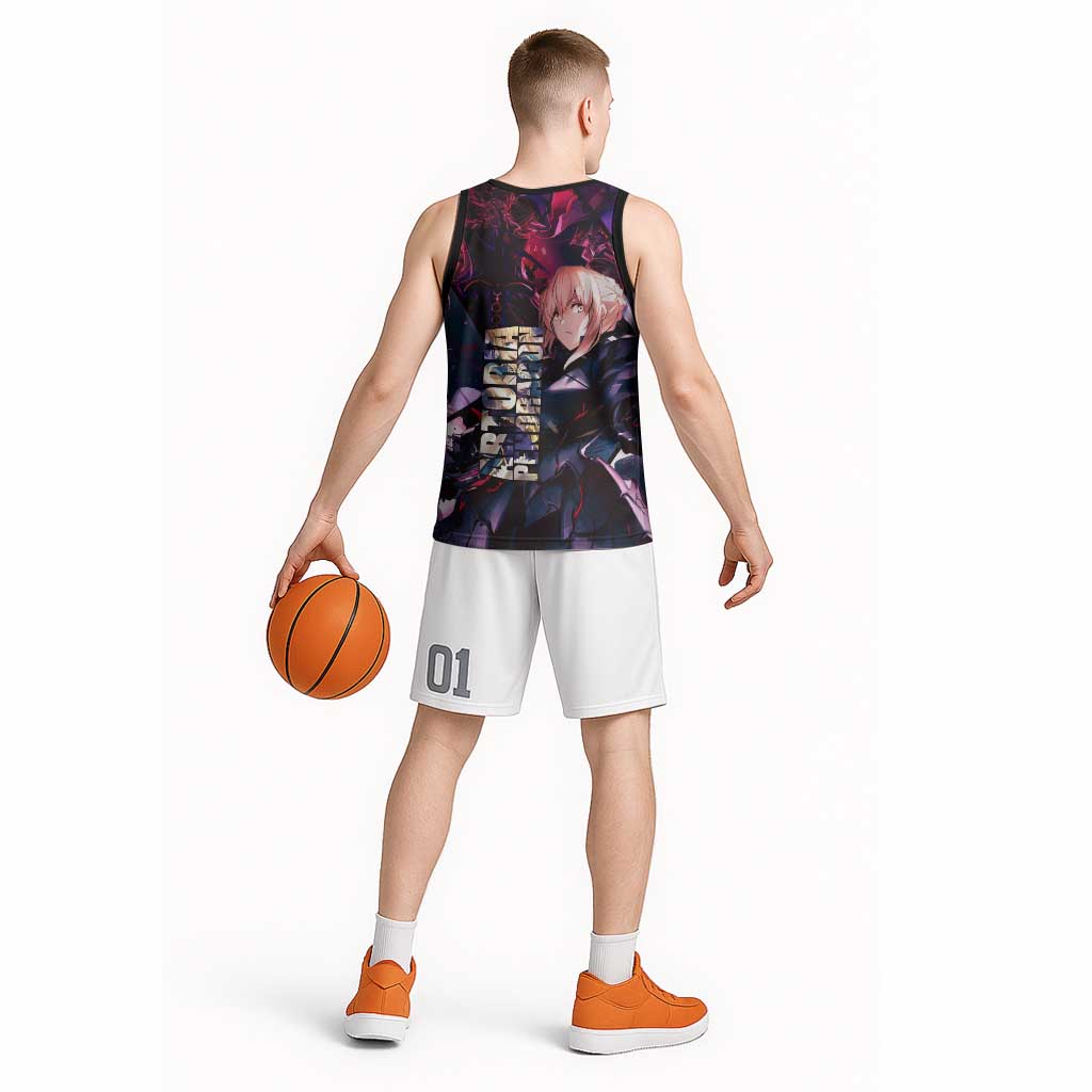 Saber Artoria Pendragon Dark Armor Theme Basketball Jersey with Red and Purple Abstract Background Design - The Mazicc