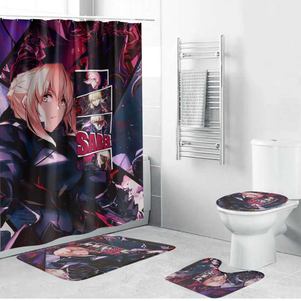 Saber Artoria Pendragon Dark Armor Theme Bathroom Set with Red and Purple Abstract Background Design - The Mazicc
