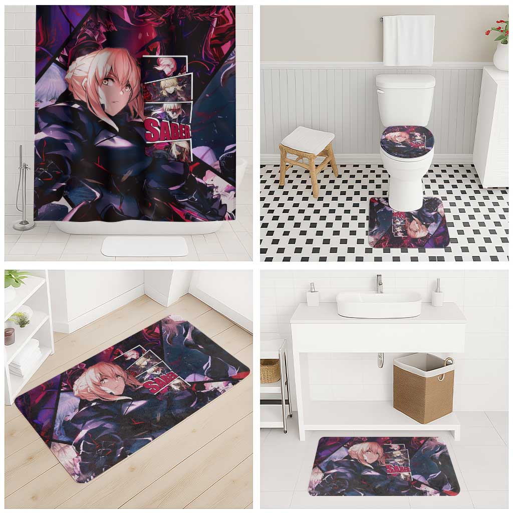Saber Artoria Pendragon Dark Armor Theme Bathroom Set with Red and Purple Abstract Background Design - The Mazicc