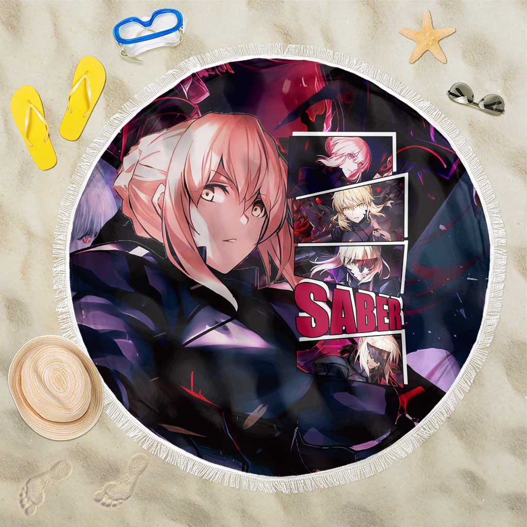 Saber Artoria Pendragon Dark Armor Theme Beach Blanket with Red and Purple Abstract Background Design - The Mazicc