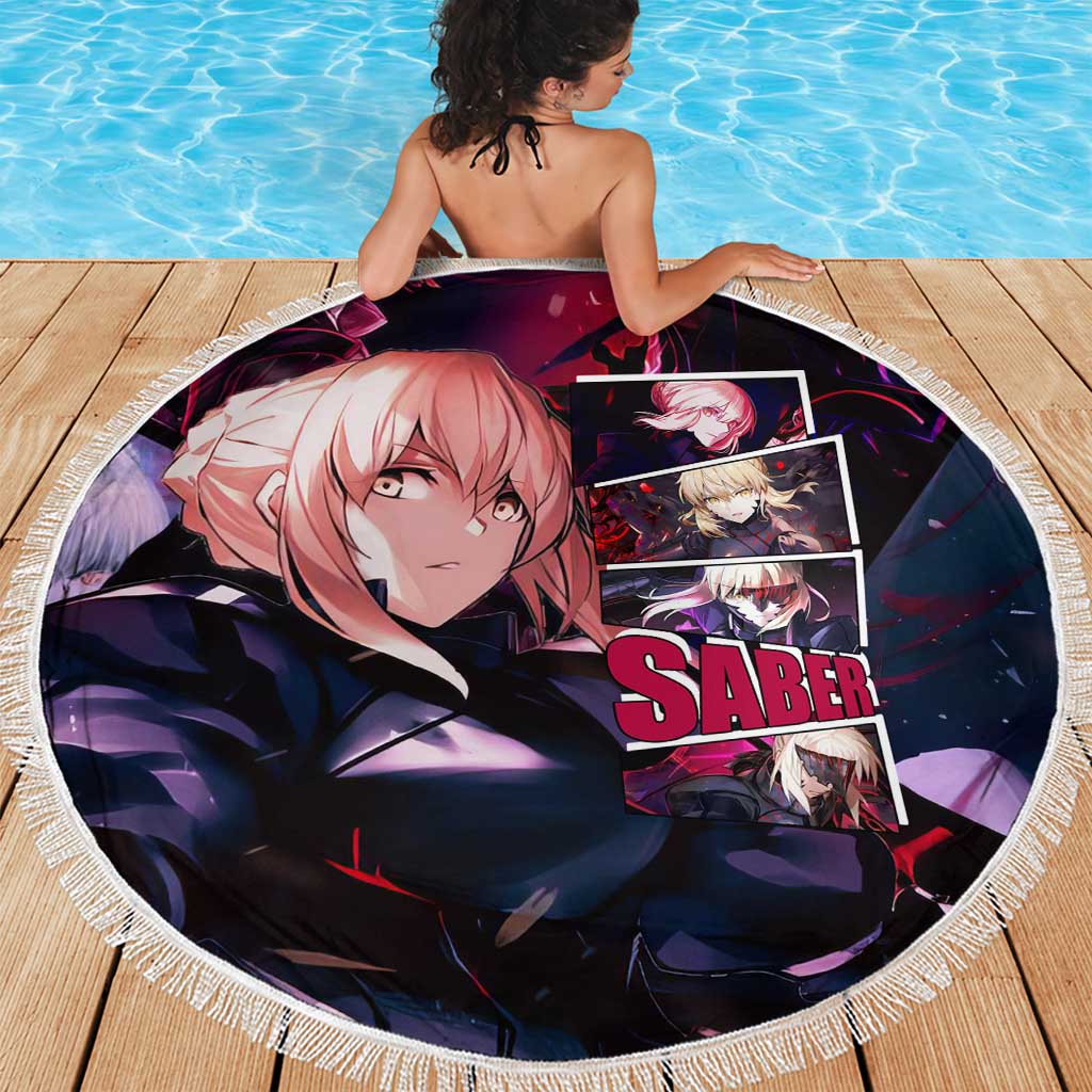 Saber Artoria Pendragon Dark Armor Theme Beach Blanket with Red and Purple Abstract Background Design - The Mazicc