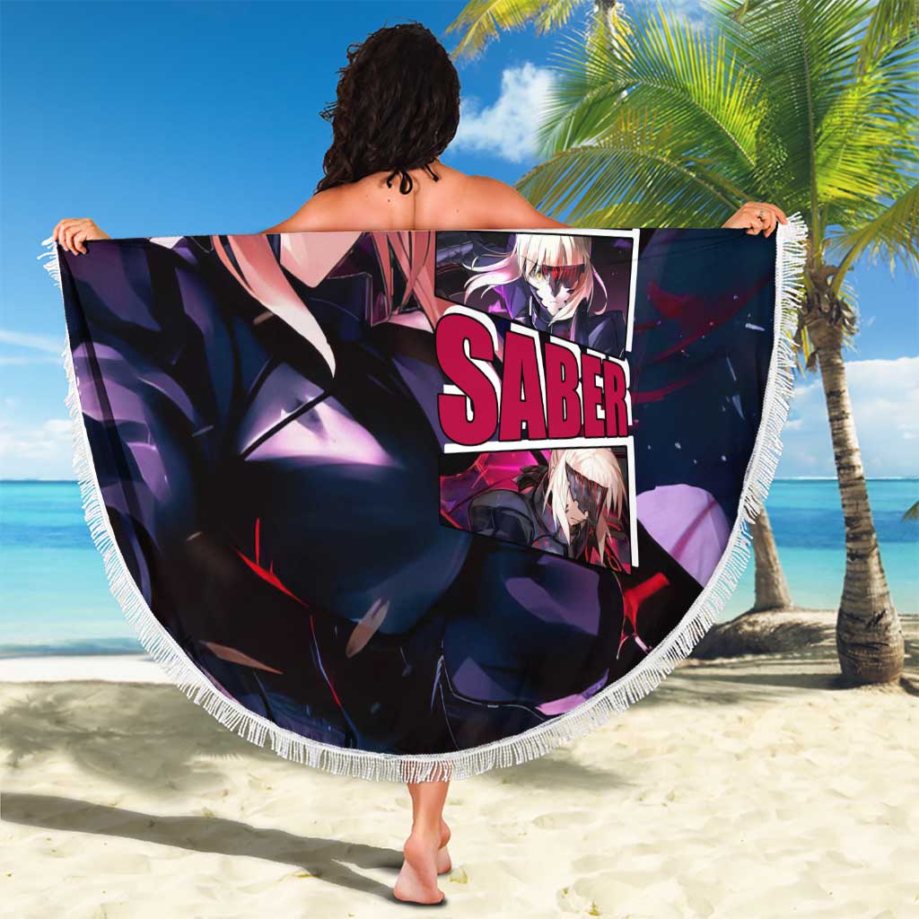 Saber Artoria Pendragon Dark Armor Theme Beach Blanket with Red and Purple Abstract Background Design - The Mazicc