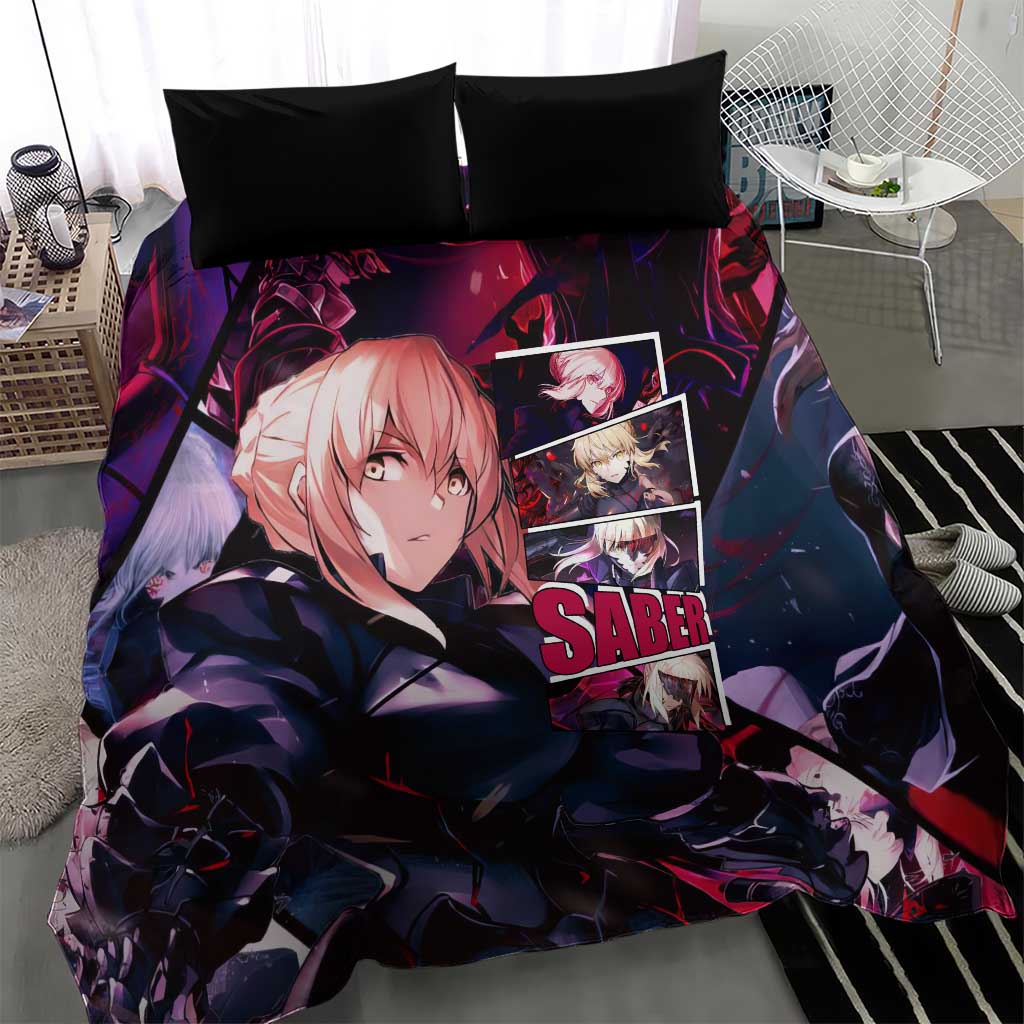 Saber Artoria Pendragon Dark Armor Theme Bedding Set with Red and Purple Abstract Background Design - The Mazicc