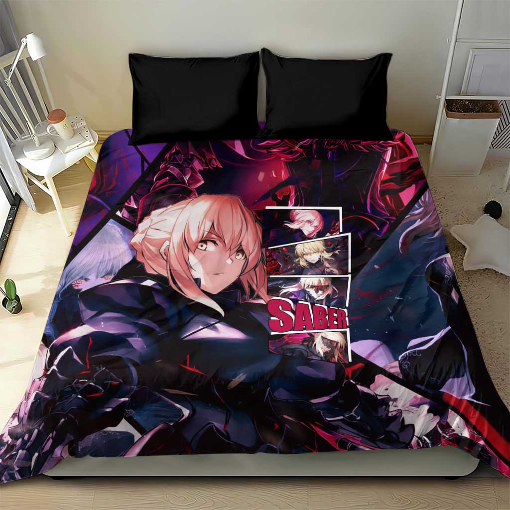 Saber Artoria Pendragon Dark Armor Theme Bedding Set with Red and Purple Abstract Background Design - The Mazicc