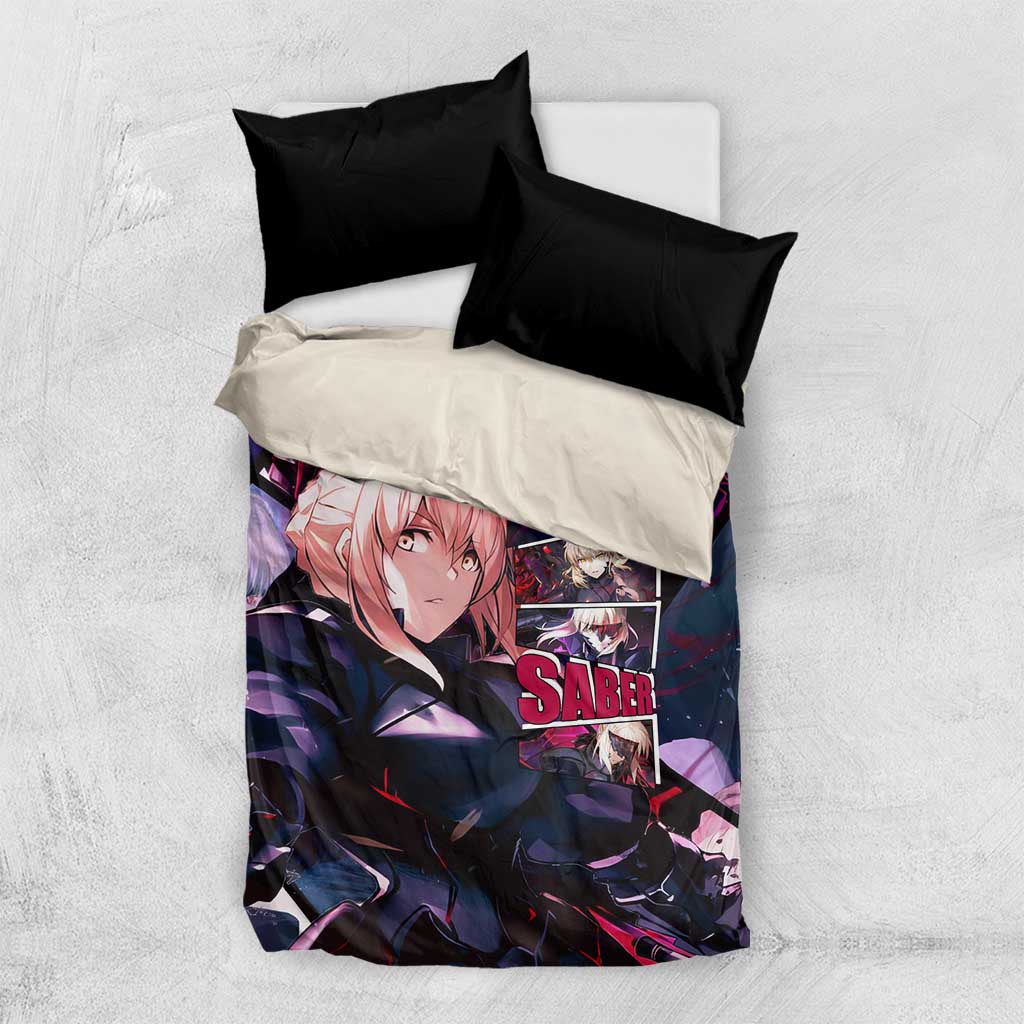 Saber Artoria Pendragon Dark Armor Theme Bedding Set with Red and Purple Abstract Background Design - The Mazicc
