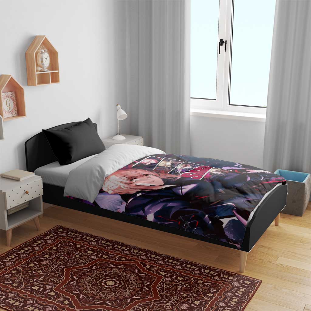 Saber Artoria Pendragon Dark Armor Theme Bedding Set with Red and Purple Abstract Background Design - The Mazicc