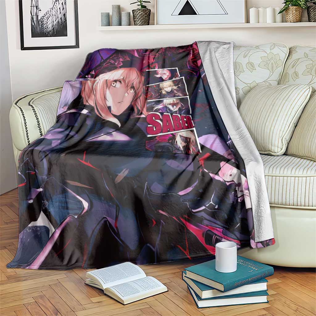 Saber Artoria Pendragon Dark Armor Theme Blanket with Red and Purple Abstract Background Design - The Mazicc