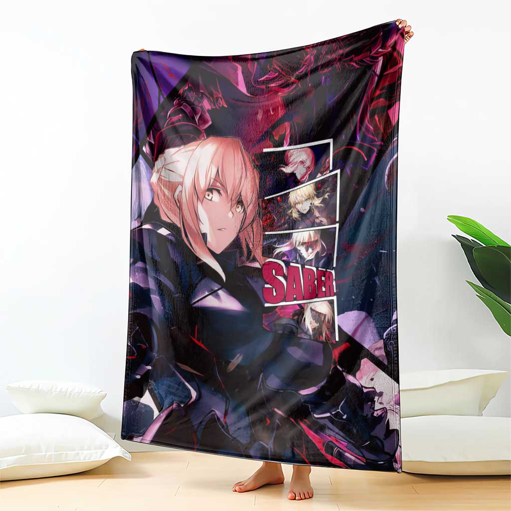Saber Artoria Pendragon Dark Armor Theme Blanket with Red and Purple Abstract Background Design - The Mazicc