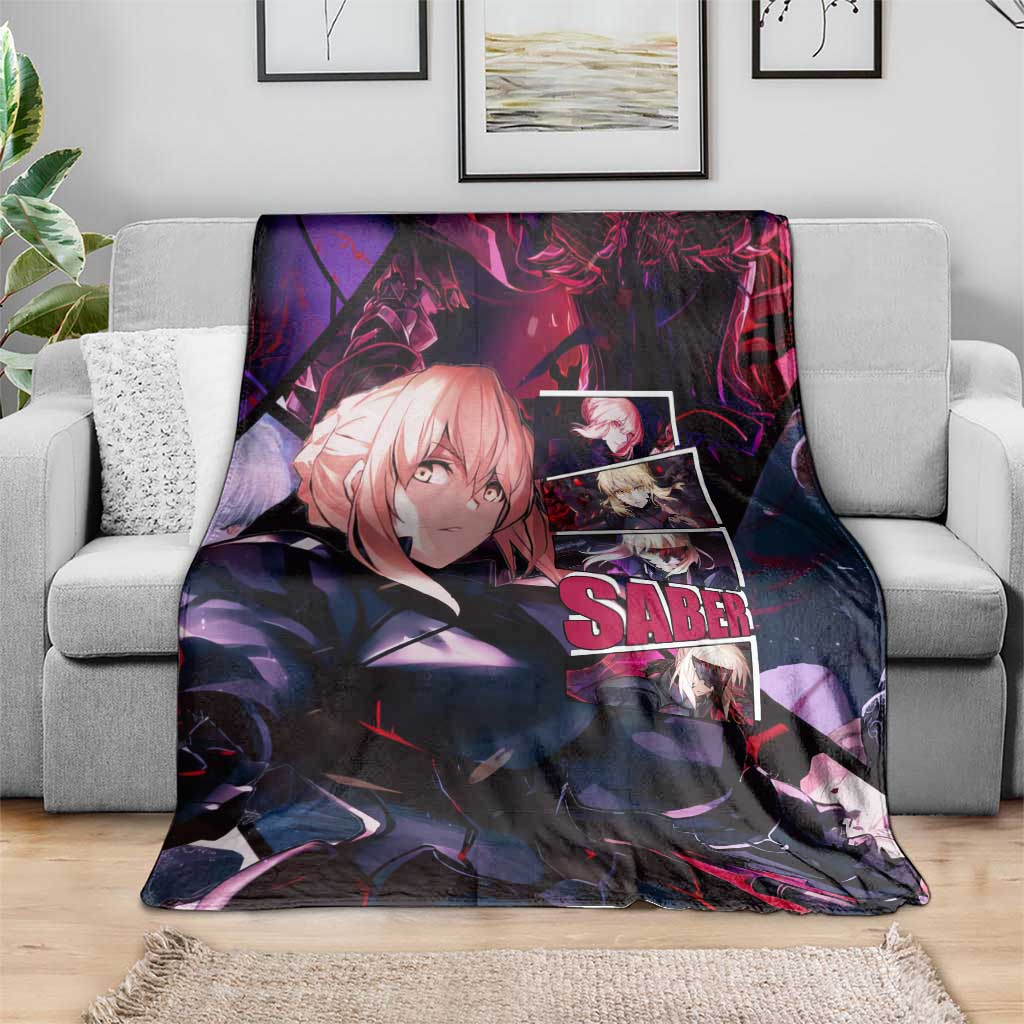 Saber Artoria Pendragon Dark Armor Theme Blanket with Red and Purple Abstract Background Design - The Mazicc