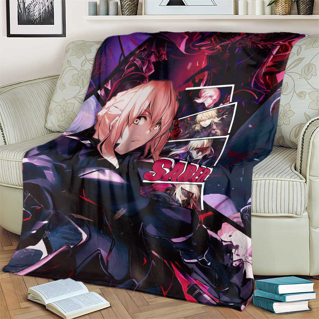 Saber Artoria Pendragon Dark Armor Theme Blanket with Red and Purple Abstract Background Design - The Mazicc