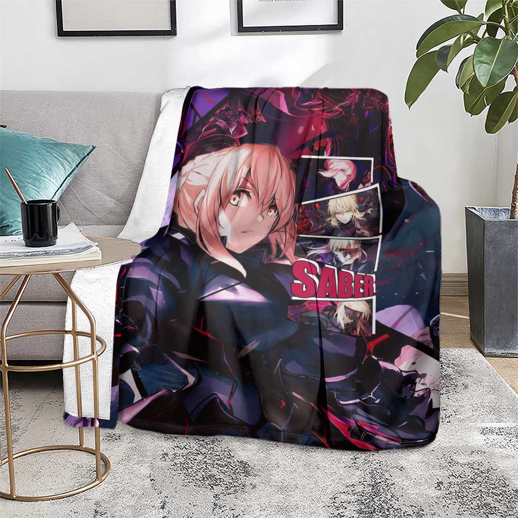 Saber Artoria Pendragon Dark Armor Theme Blanket with Red and Purple Abstract Background Design - The Mazicc