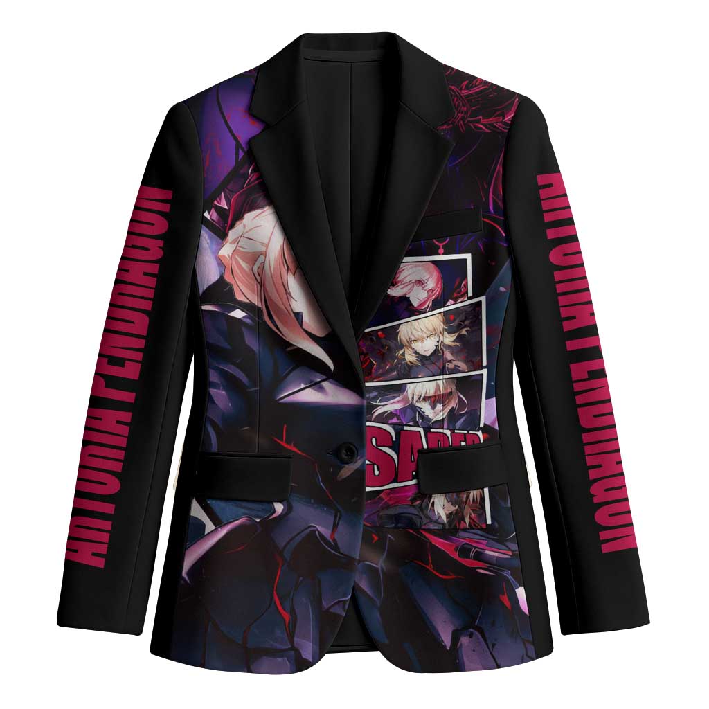 Saber Artoria Pendragon Dark Armor Theme Blazer with Red and Purple Abstract Background Design - The Mazicc