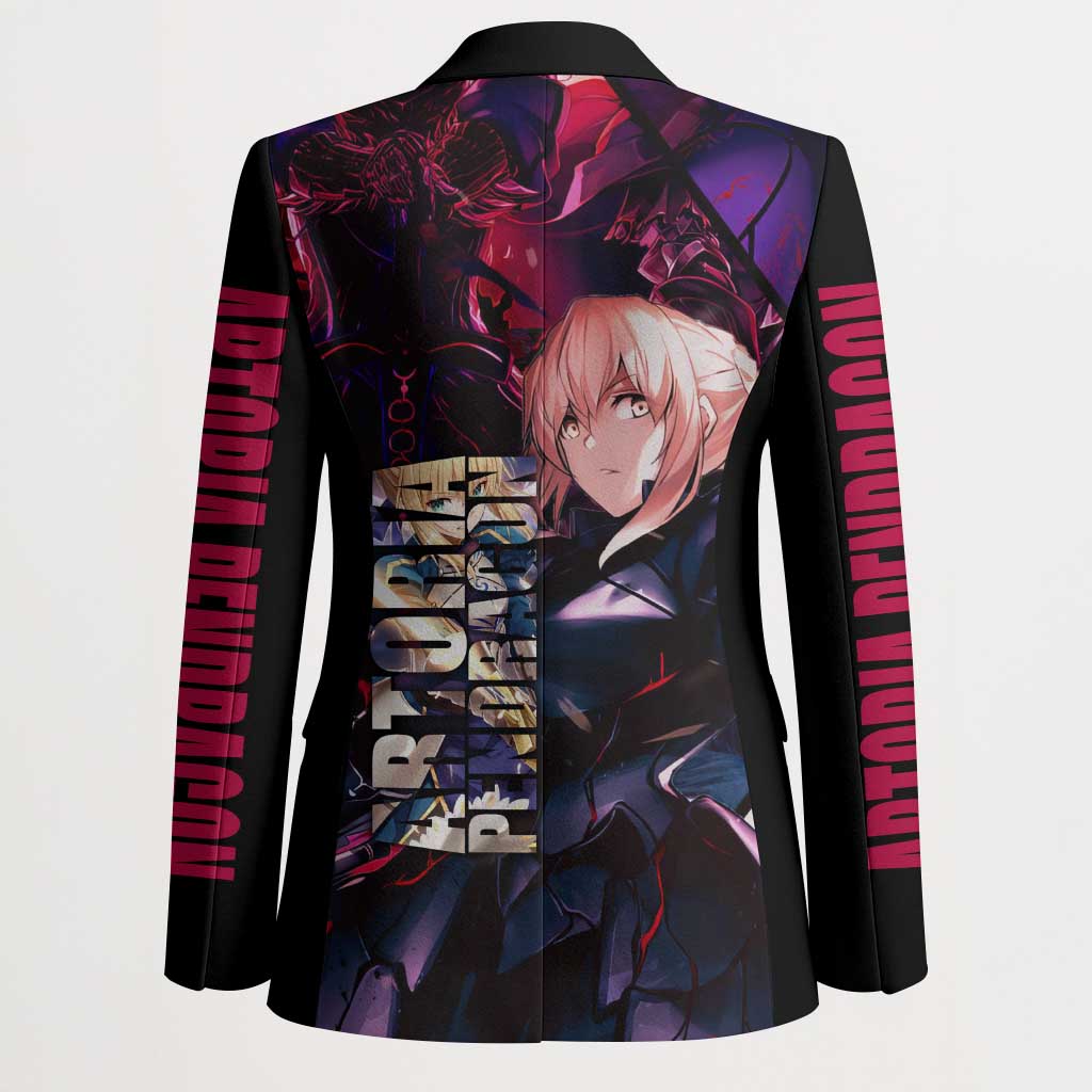 Saber Artoria Pendragon Dark Armor Theme Blazer with Red and Purple Abstract Background Design - The Mazicc