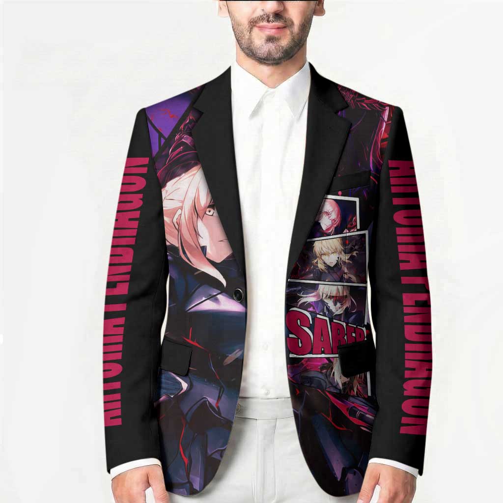 Saber Artoria Pendragon Dark Armor Theme Blazer with Red and Purple Abstract Background Design - The Mazicc
