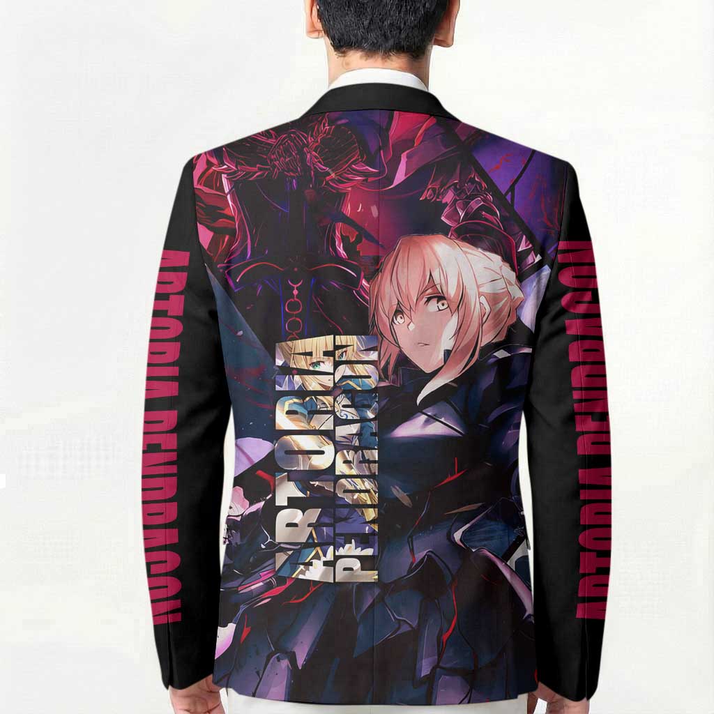 Saber Artoria Pendragon Dark Armor Theme Blazer with Red and Purple Abstract Background Design - The Mazicc