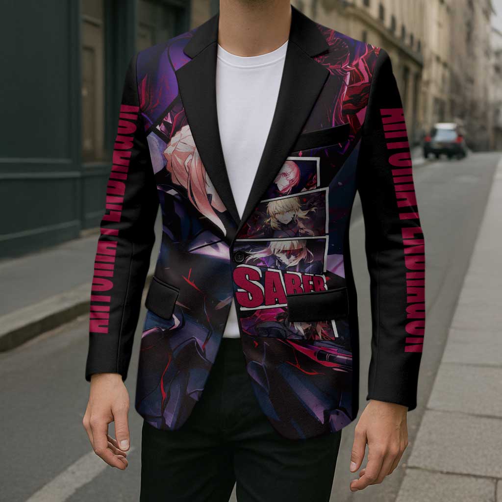 Saber Artoria Pendragon Dark Armor Theme Blazer with Red and Purple Abstract Background Design - The Mazicc