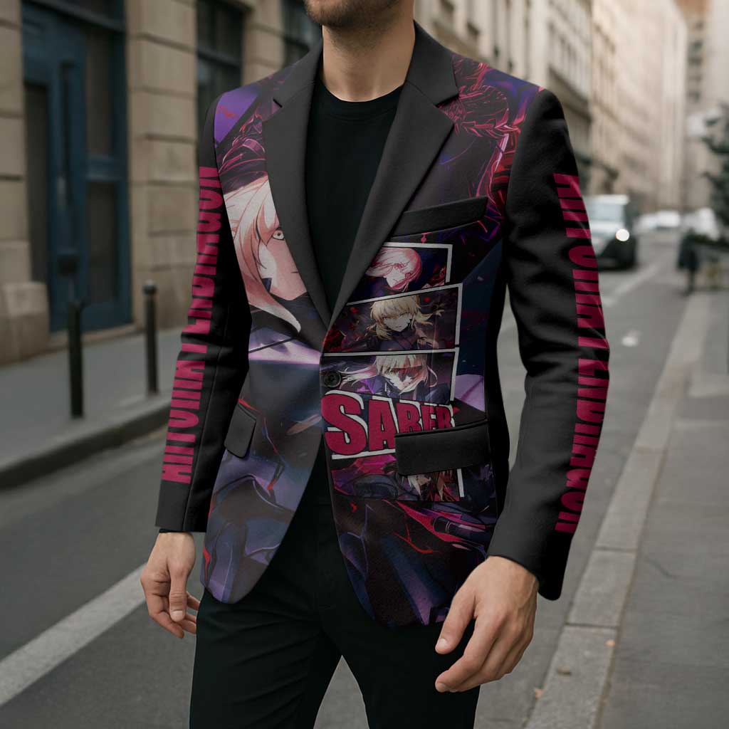 Saber Artoria Pendragon Dark Armor Theme Blazer with Red and Purple Abstract Background Design - The Mazicc