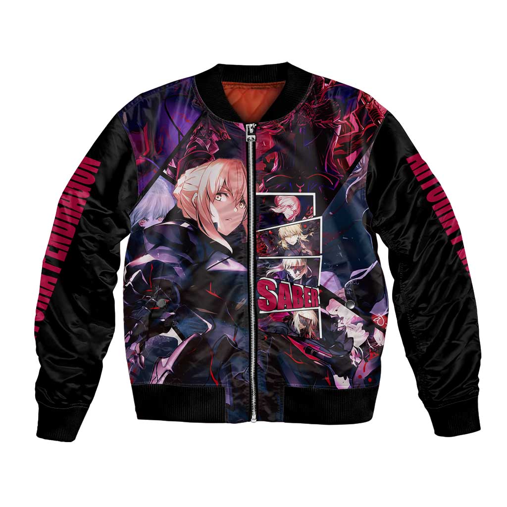 Saber Artoria Pendragon Dark Armor Theme Bomber Jacket with Red and Purple Abstract Background Design - The Mazicc