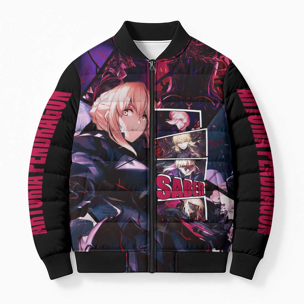 Saber Artoria Pendragon Dark Armor Theme Bomber Puffer Jacket with Red and Purple Abstract Background Design - The Mazicc