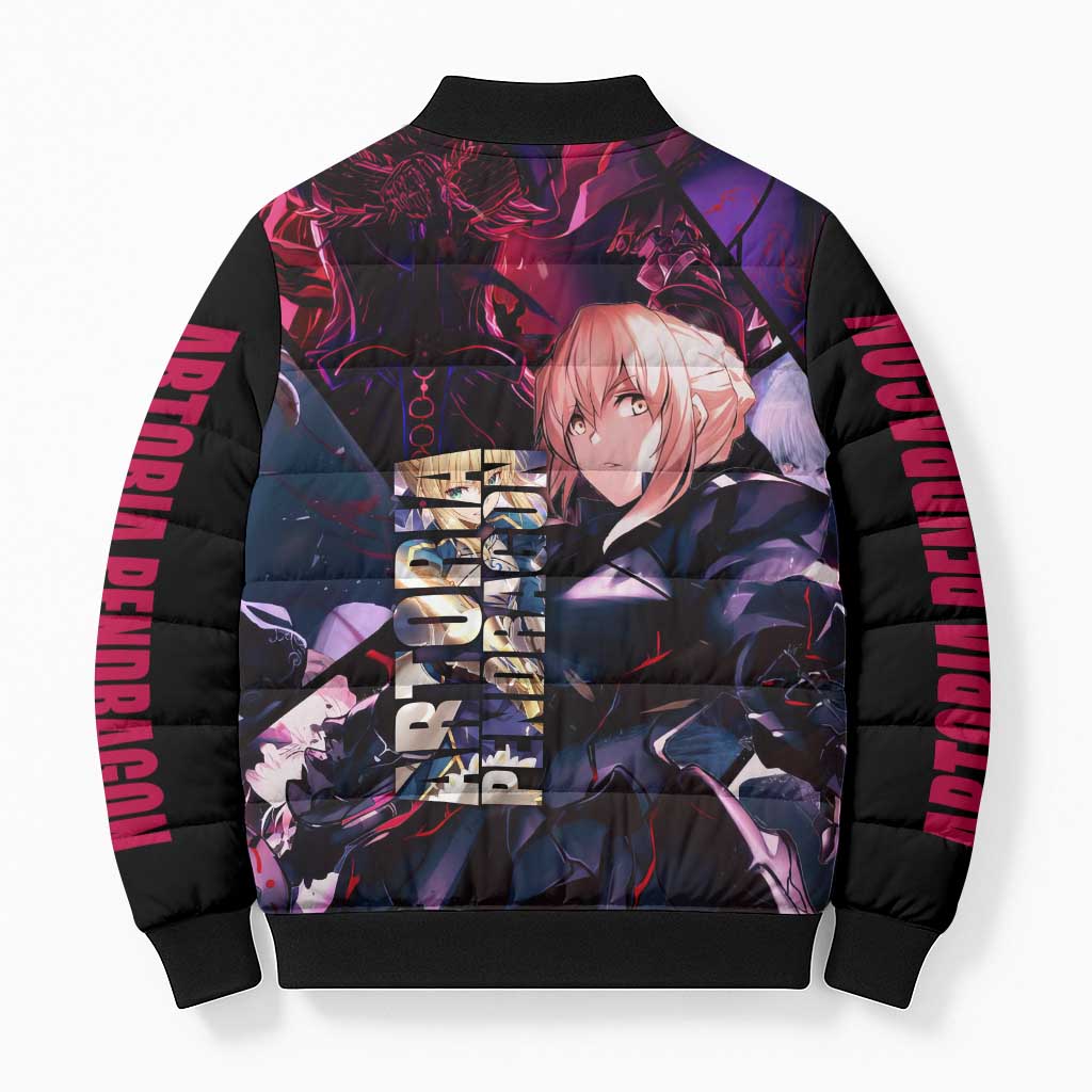 Saber Artoria Pendragon Dark Armor Theme Bomber Puffer Jacket with Red and Purple Abstract Background Design - The Mazicc