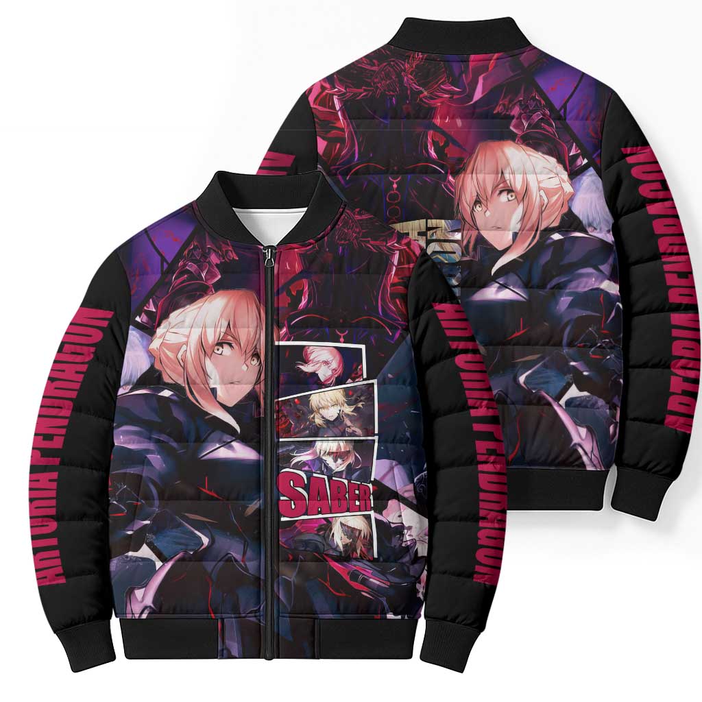 Saber Artoria Pendragon Dark Armor Theme Bomber Puffer Jacket with Red and Purple Abstract Background Design - The Mazicc