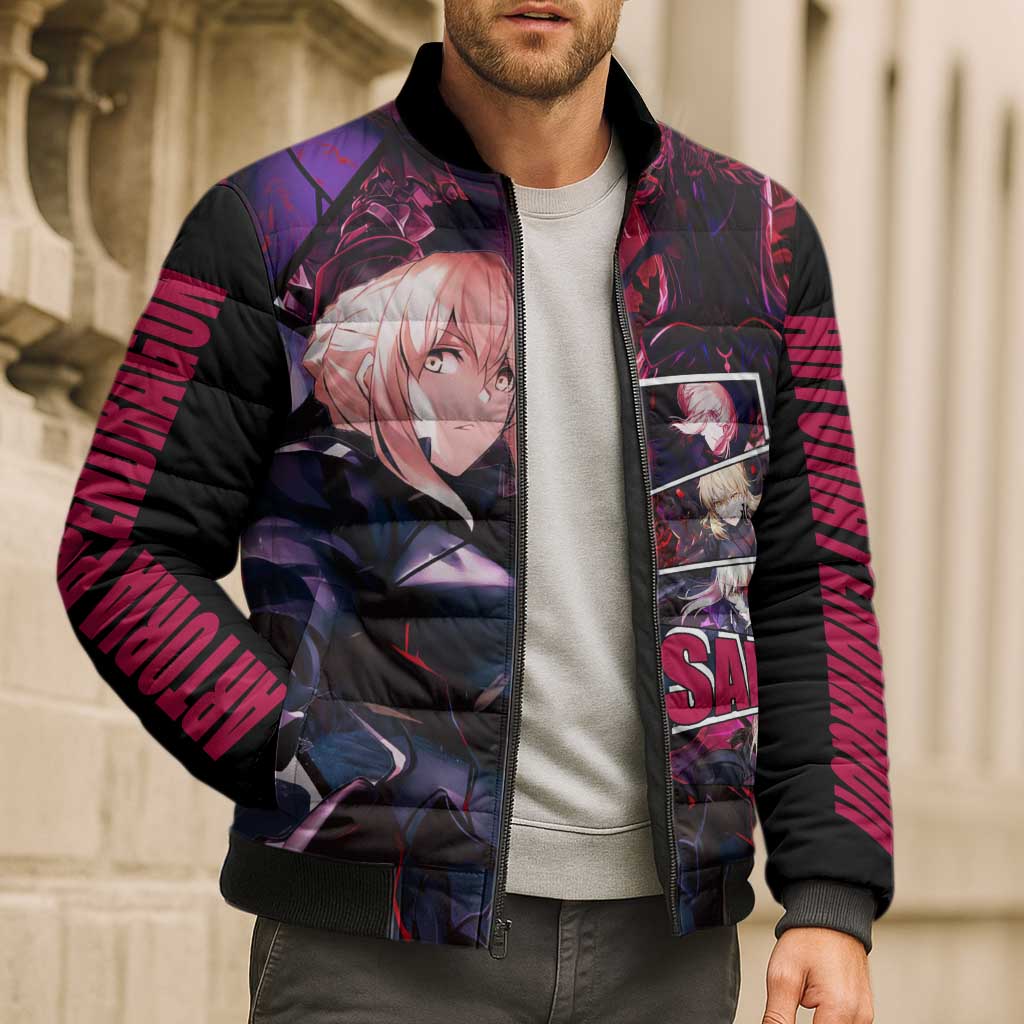 Saber Artoria Pendragon Dark Armor Theme Bomber Puffer Jacket with Red and Purple Abstract Background Design - The Mazicc