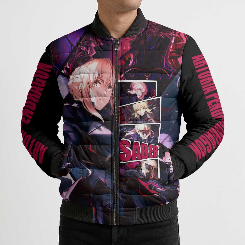 Saber Artoria Pendragon Dark Armor Theme Bomber Puffer Jacket with Red and Purple Abstract Background Design - The Mazicc