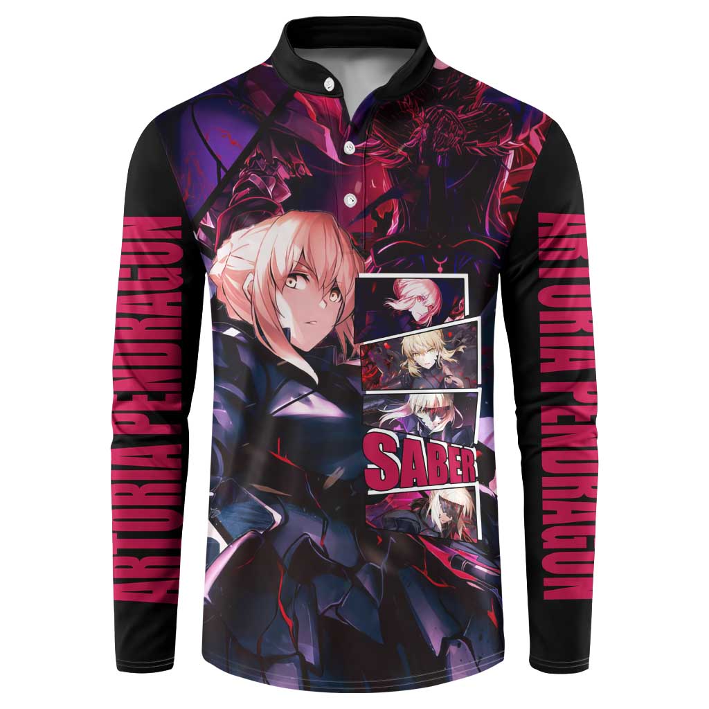 Saber Artoria Pendragon Dark Armor Theme Button Sweatshirt with Red and Purple Abstract Background Design - The Mazicc