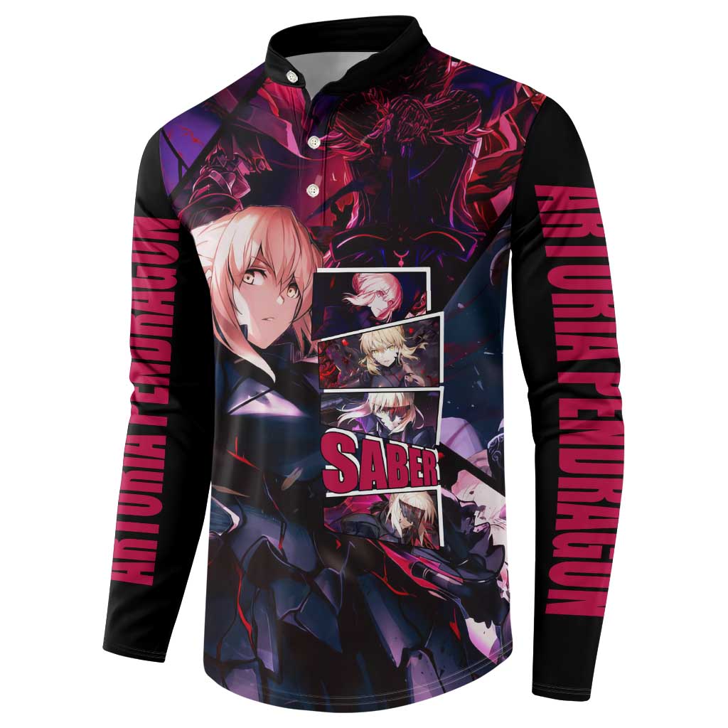 Saber Artoria Pendragon Dark Armor Theme Button Sweatshirt with Red and Purple Abstract Background Design - The Mazicc