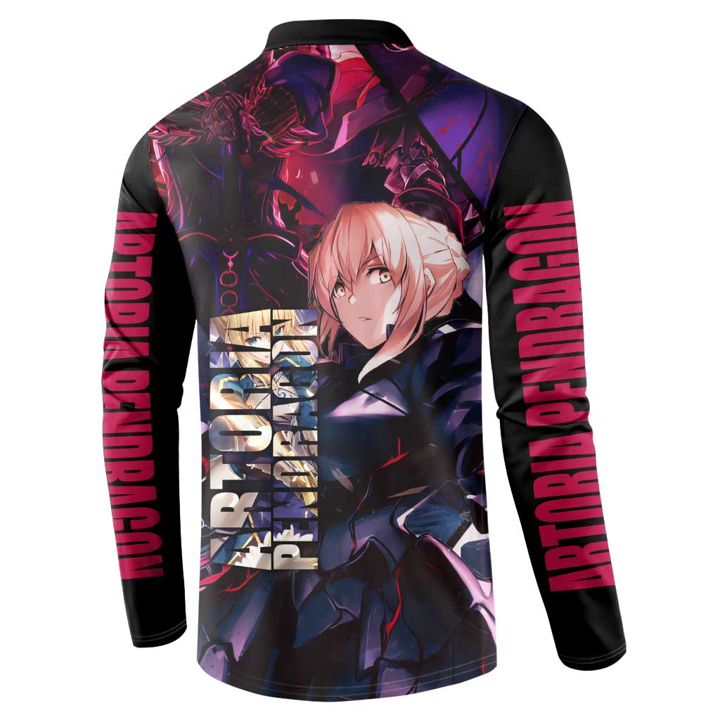 Saber Artoria Pendragon Dark Armor Theme Button Sweatshirt with Red and Purple Abstract Background Design - The Mazicc