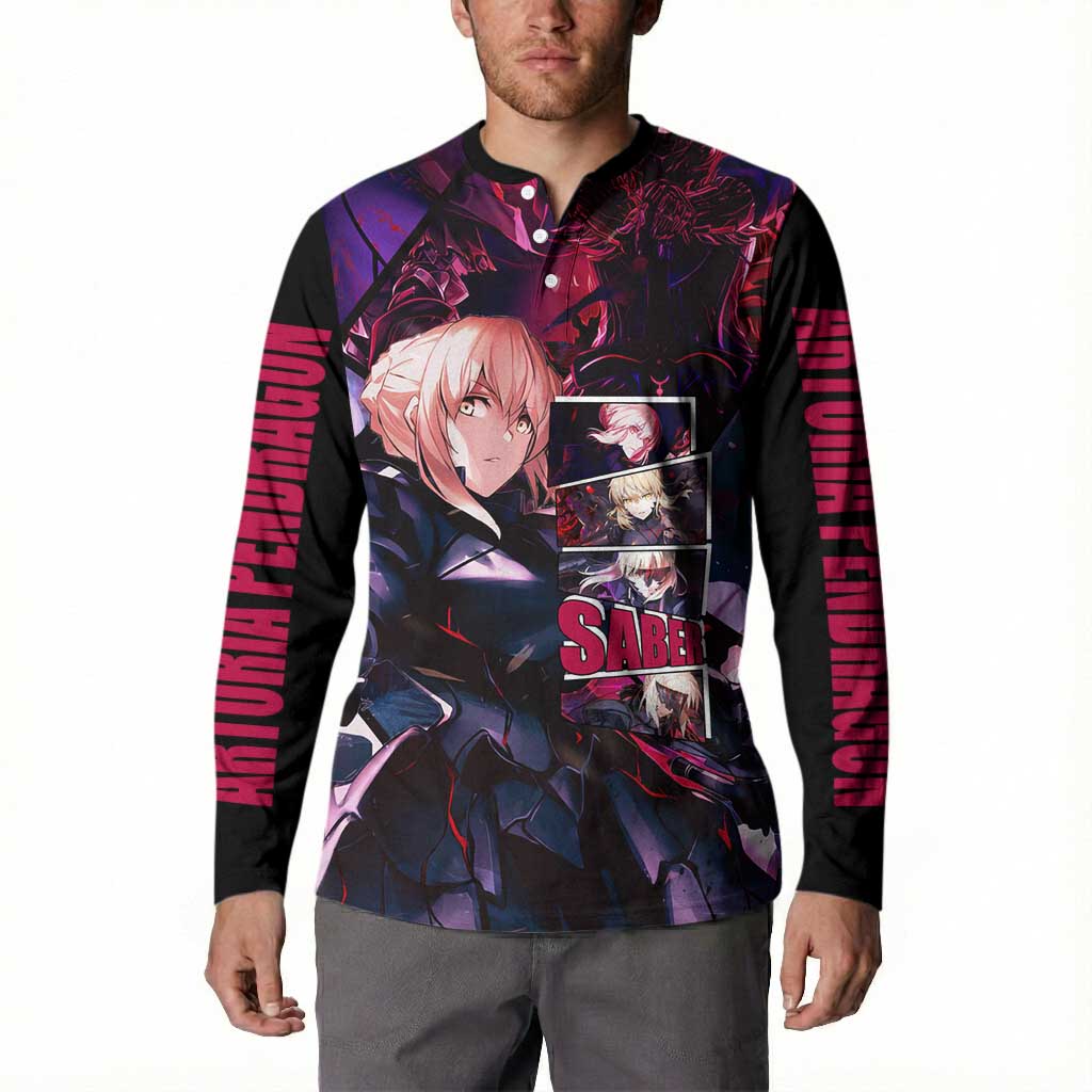 Saber Artoria Pendragon Dark Armor Theme Button Sweatshirt with Red and Purple Abstract Background Design - The Mazicc