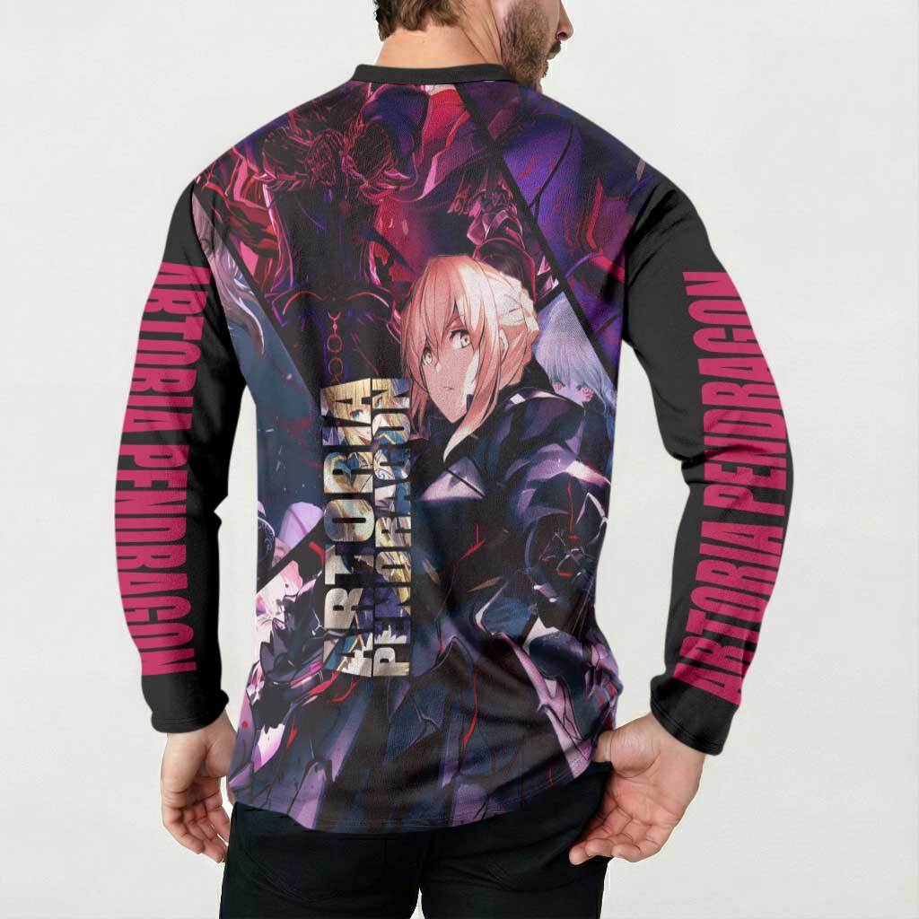 Saber Artoria Pendragon Dark Armor Theme Button Sweatshirt with Red and Purple Abstract Background Design - The Mazicc