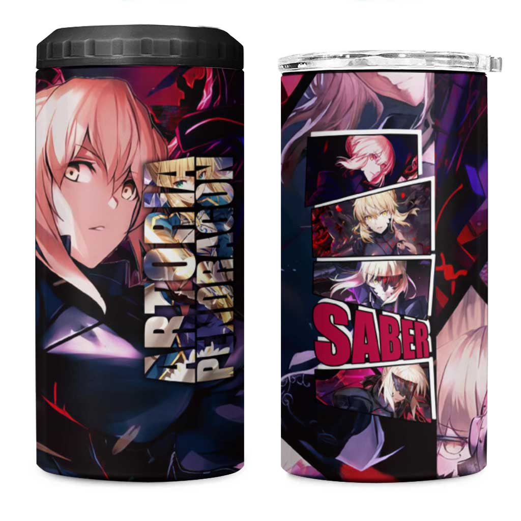 Saber Artoria Pendragon Dark Armor Theme 4 in 1 Can Cooler Tumbler with Red and Purple Abstract Background Design - The Mazicc