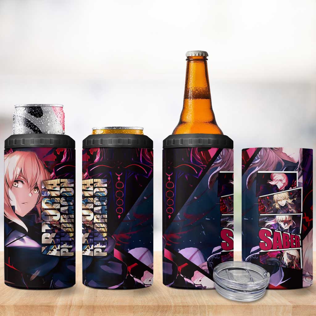 Saber Artoria Pendragon Dark Armor Theme 4 in 1 Can Cooler Tumbler with Red and Purple Abstract Background Design - The Mazicc