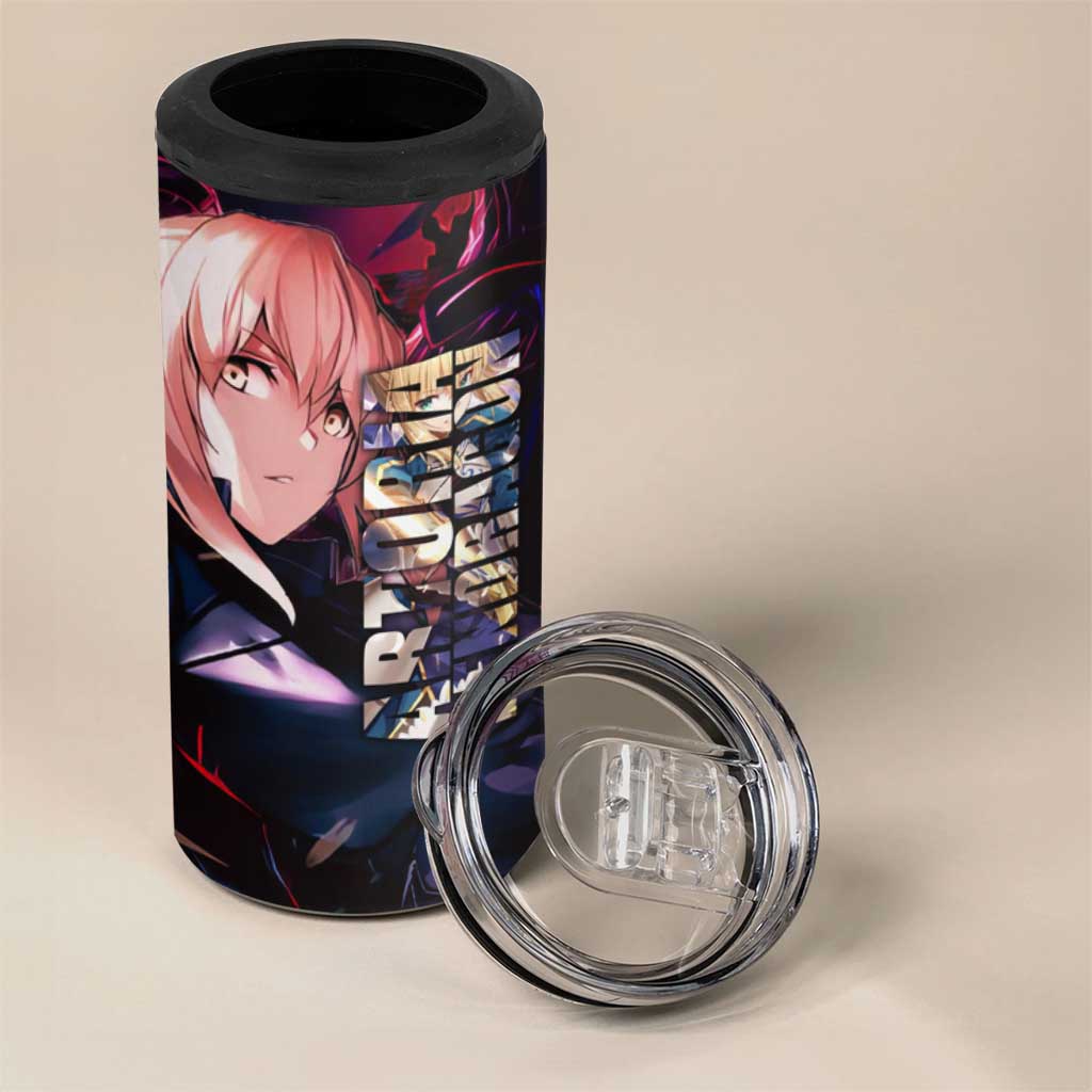 Saber Artoria Pendragon Dark Armor Theme 4 in 1 Can Cooler Tumbler with Red and Purple Abstract Background Design - The Mazicc