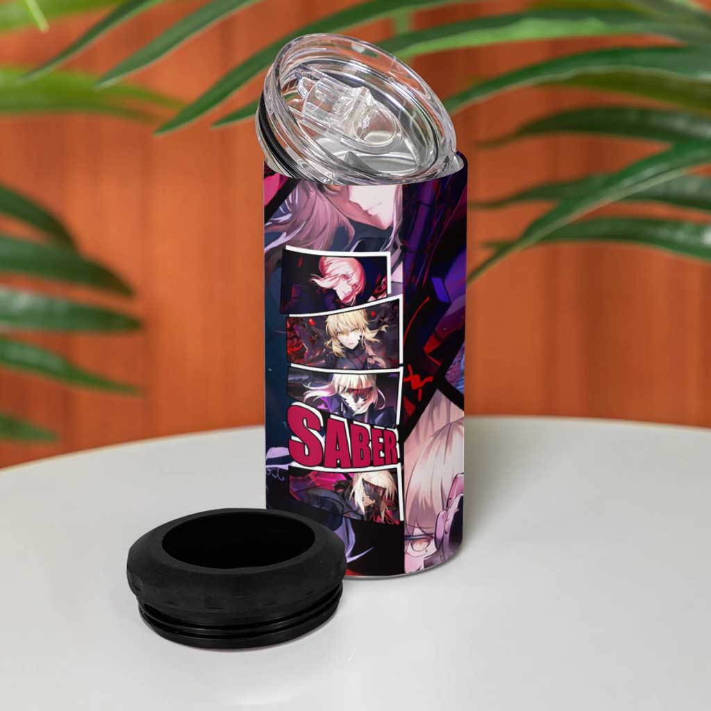 Saber Artoria Pendragon Dark Armor Theme 4 in 1 Can Cooler Tumbler with Red and Purple Abstract Background Design - The Mazicc