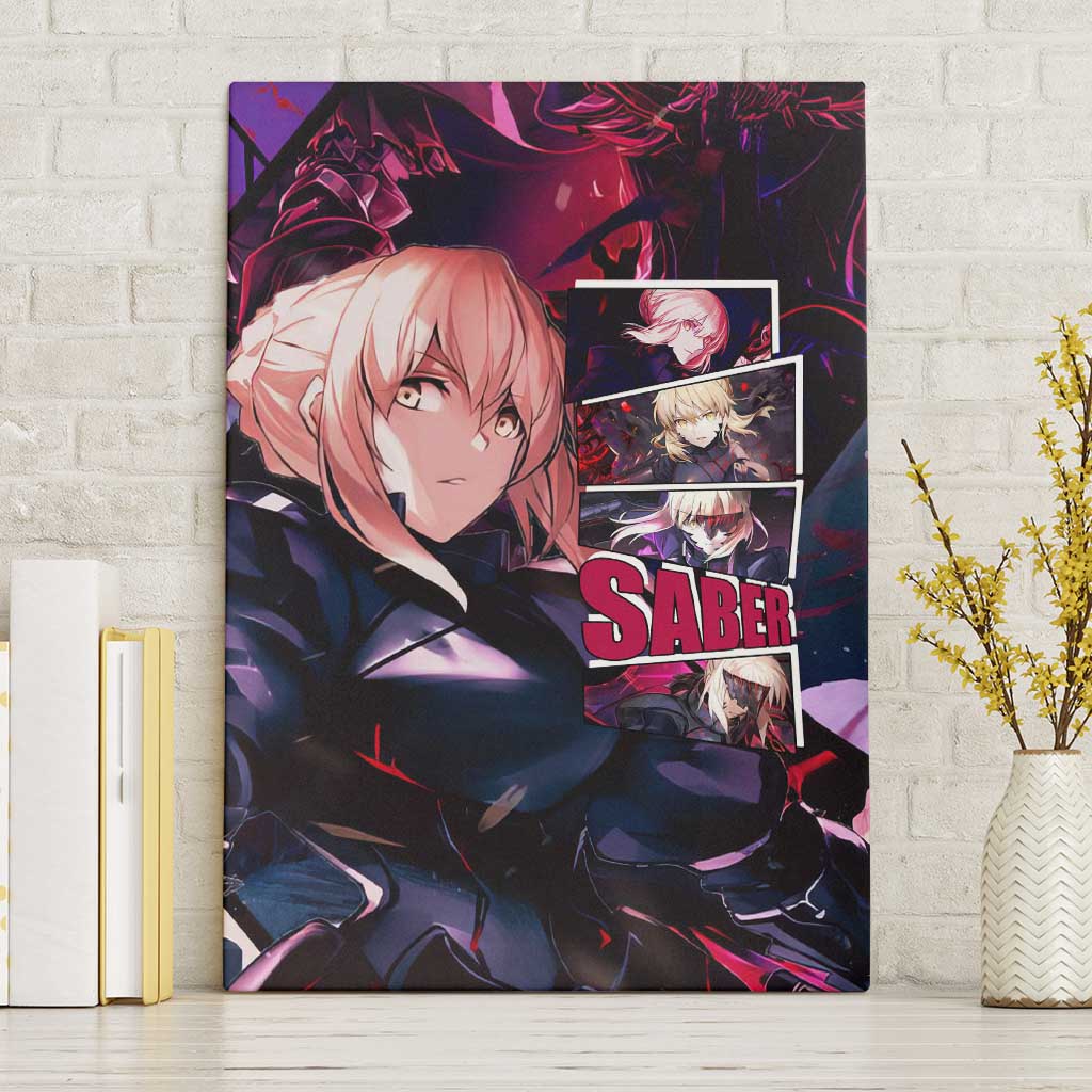 Saber Artoria Pendragon Dark Armor Theme Canvas Wall Art with Red and Purple Abstract Background Design - The Mazicc