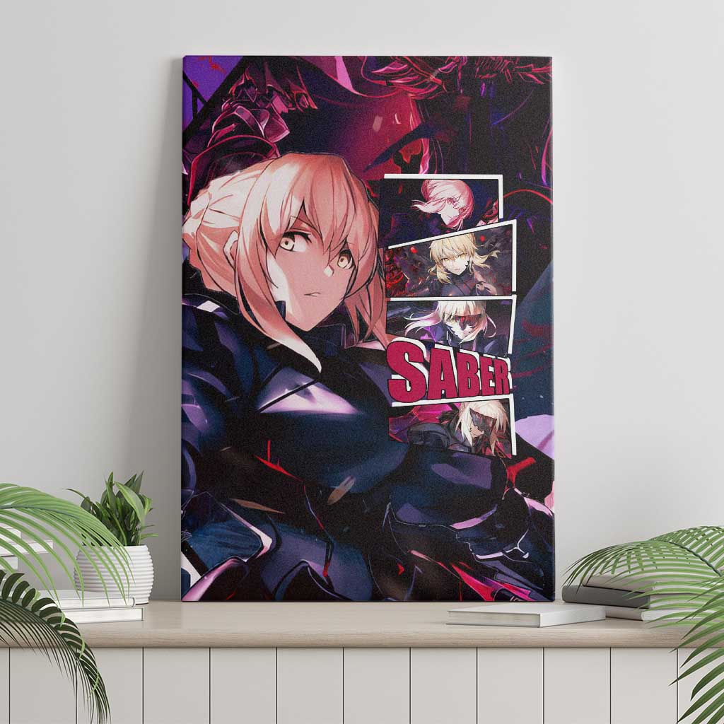Saber Artoria Pendragon Dark Armor Theme Canvas Wall Art with Red and Purple Abstract Background Design - The Mazicc