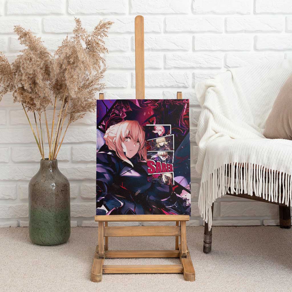 Saber Artoria Pendragon Dark Armor Theme Canvas Wall Art with Red and Purple Abstract Background Design - The Mazicc
