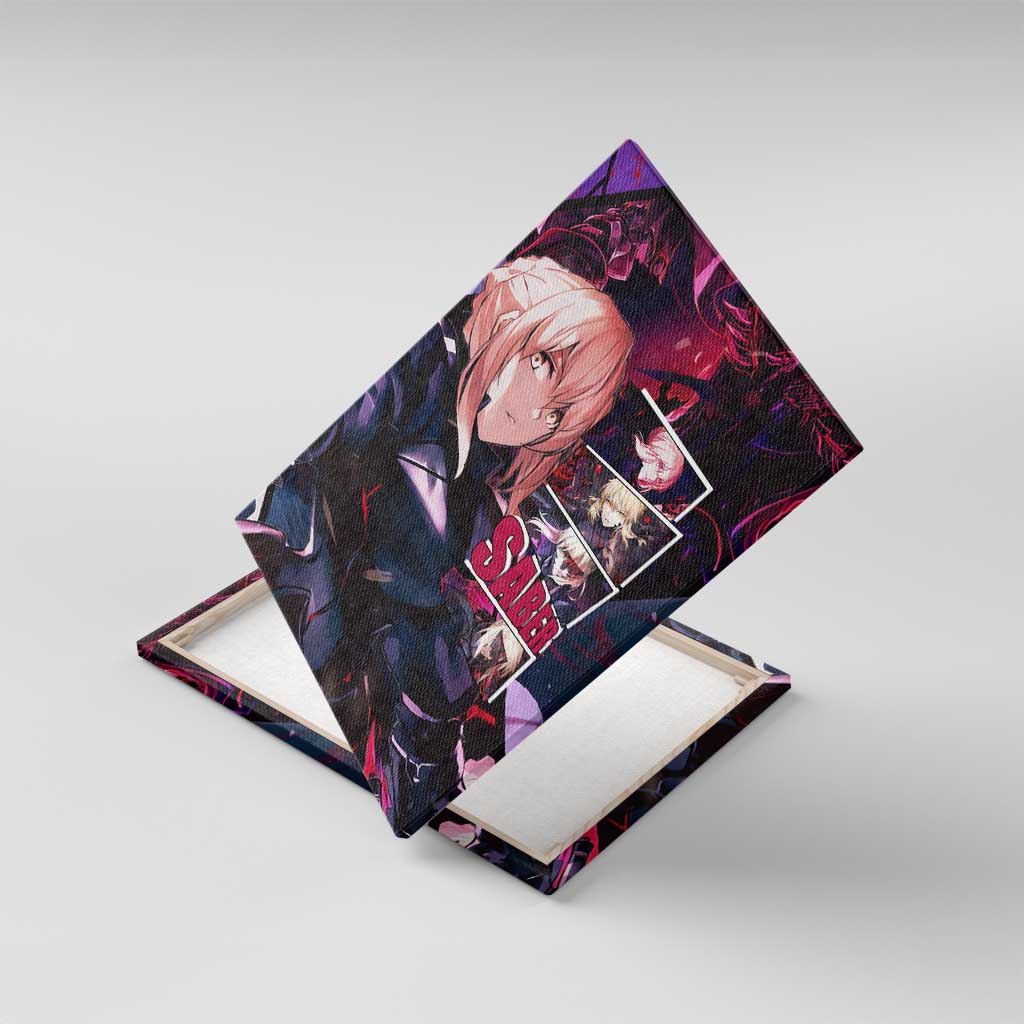Saber Artoria Pendragon Dark Armor Theme Canvas Wall Art with Red and Purple Abstract Background Design - The Mazicc