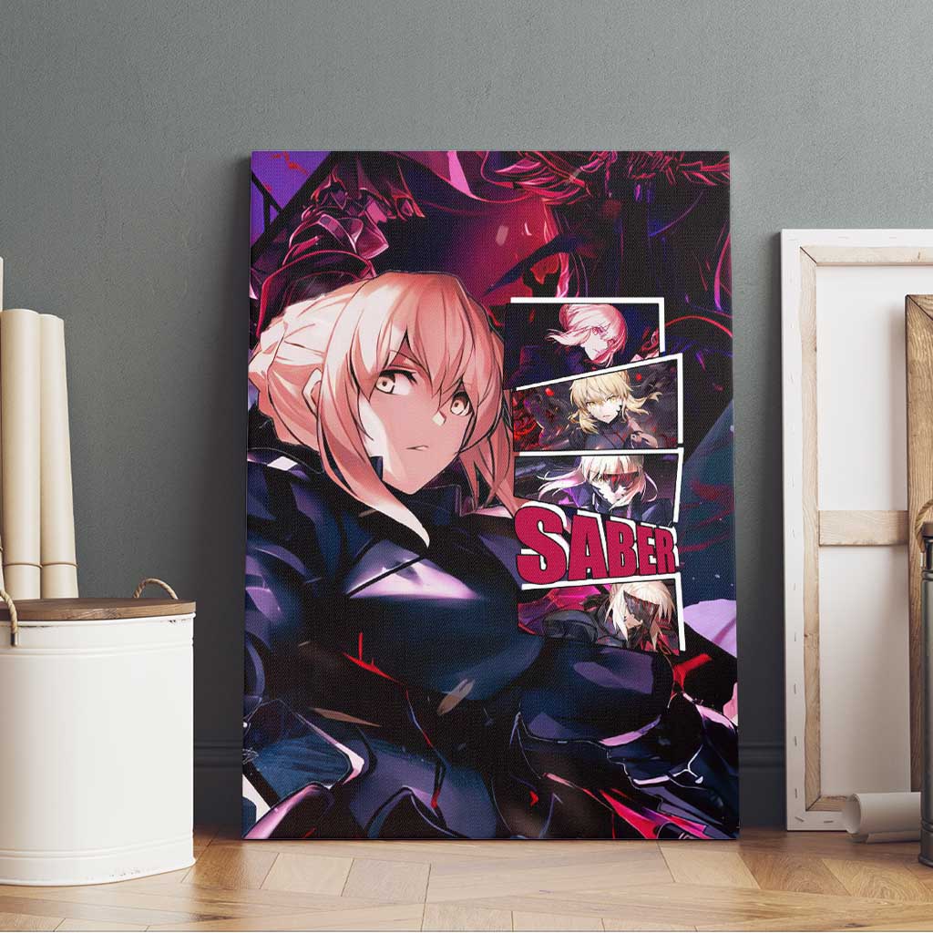 Saber Artoria Pendragon Dark Armor Theme Canvas Wall Art with Red and Purple Abstract Background Design - The Mazicc