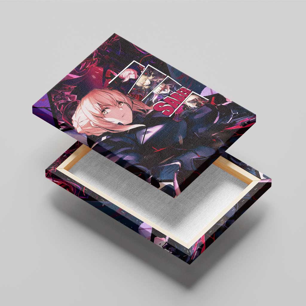 Saber Artoria Pendragon Dark Armor Theme Canvas Wall Art with Red and Purple Abstract Background Design - The Mazicc
