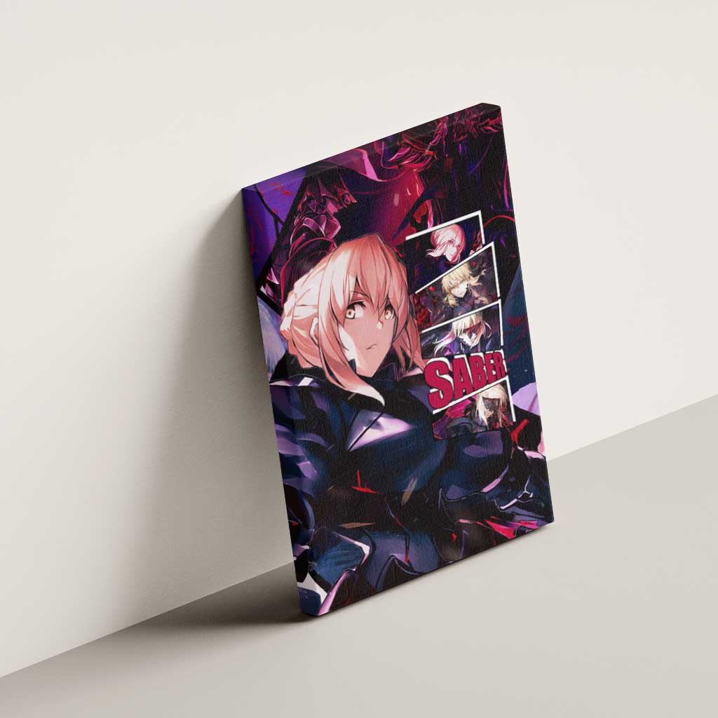 Saber Artoria Pendragon Dark Armor Theme Canvas Wall Art with Red and Purple Abstract Background Design - The Mazicc