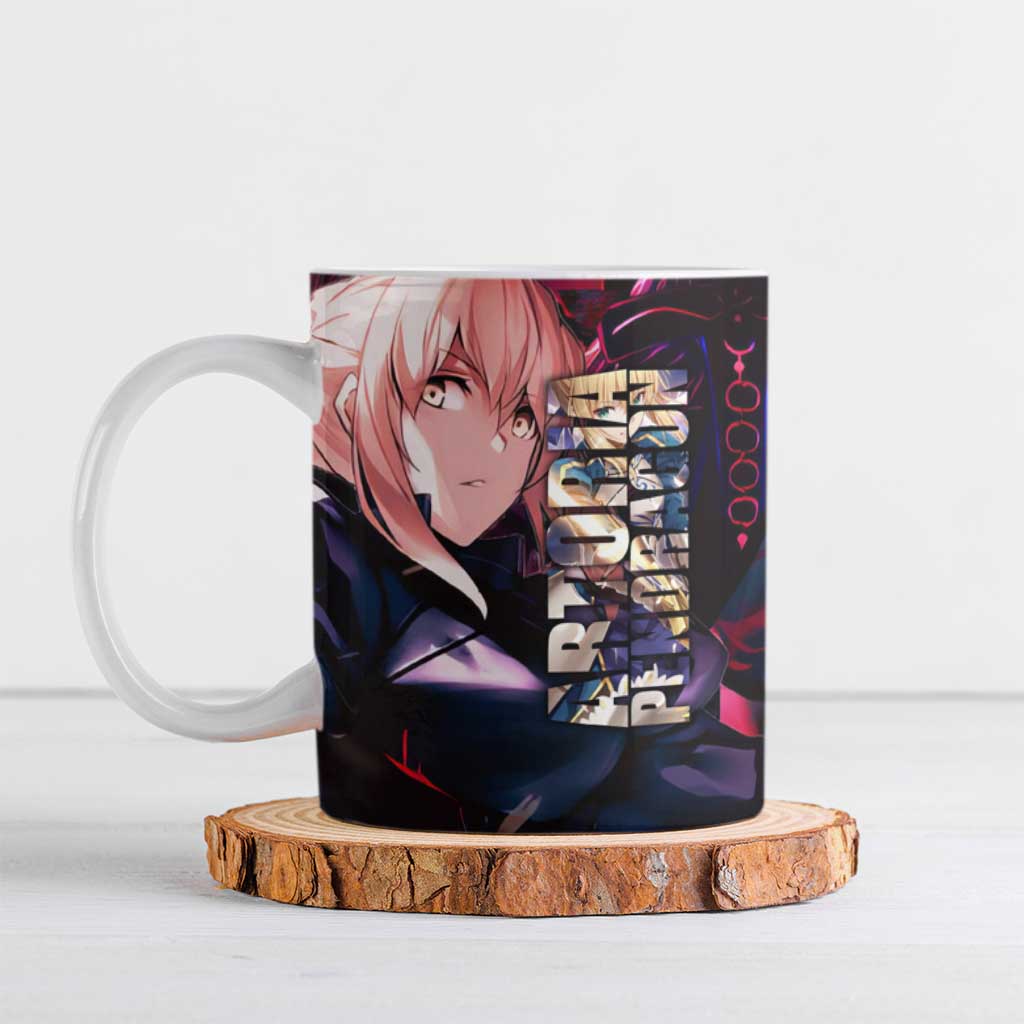 Saber Artoria Pendragon Dark Armor Theme Ceramic Mug with Red and Purple Abstract Background Design - The Mazicc