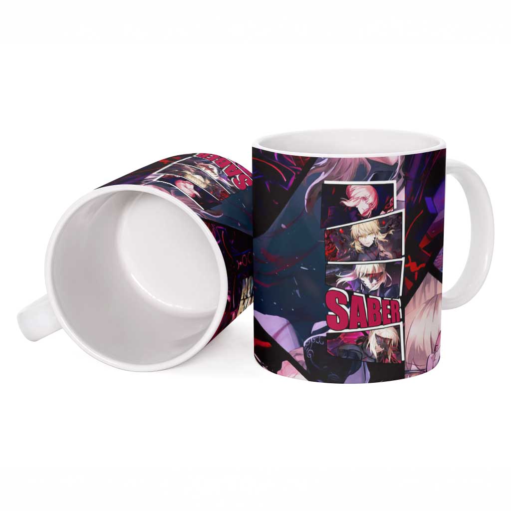 Saber Artoria Pendragon Dark Armor Theme Ceramic Mug with Red and Purple Abstract Background Design - The Mazicc